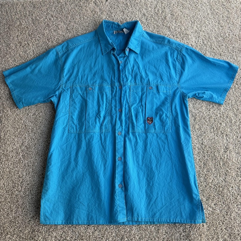 Vintage Top Stitch Shirt Mens Small Blue Solid Short Sleeve Button Up Casual